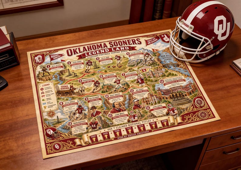 Oklahoma Sooners Legend Land World Map printed poster beside an OU helmet